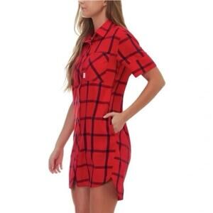 TOPO Designs Shirt Dress Womens Large Plaid Flannel Button Up Red Navy Cotton